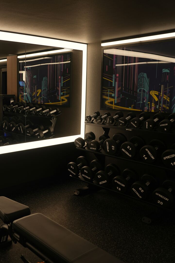 Private gym with a bench, a dumbbell rack and mirrored walls
